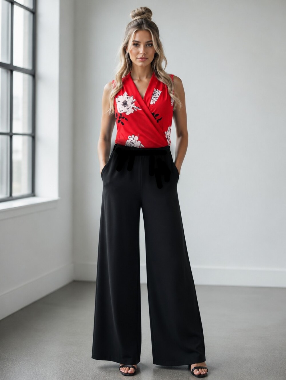 JUMPSUIT sleeveless, floral-print wrap-front red top and black wide-leg P2p16L53